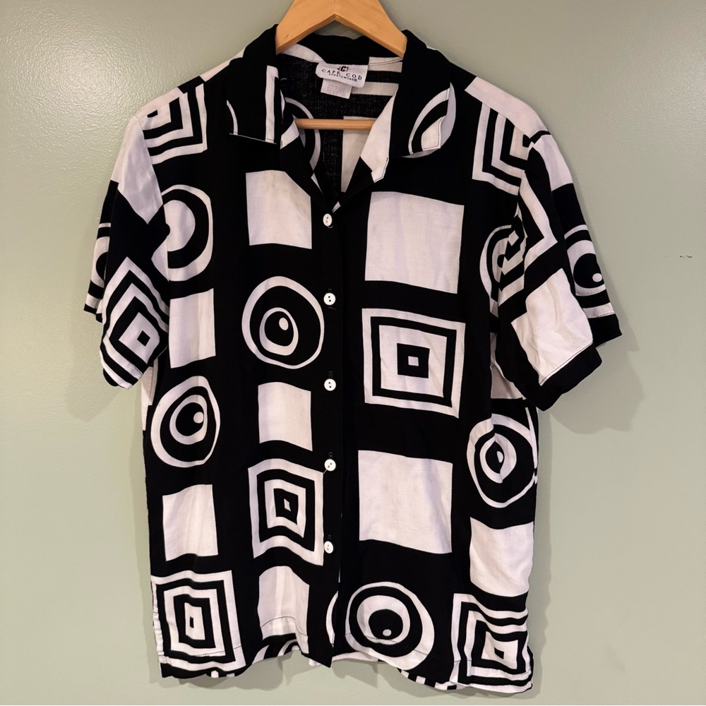 Vintage Cape Cod Sportswear Geometric Button Down Shirt Black White Women L Y2K